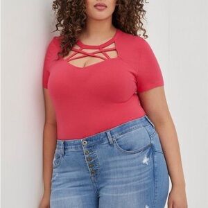 Torrid Foxy Sweetheart Neckline Strappy Cutout Short Sleeve Top